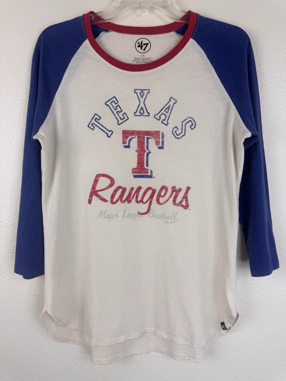 ’47 MLB Texas Rangers Raglan 3/4 Sleeve Shirt Baseball Tee Cream Blue Red L